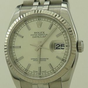 Rolex 116234 Steel & White Gold 36mm Silver Baton Dial Oyster Perpetual Datejust