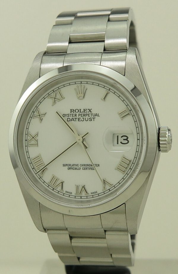 Rolex Ref 16200 Steel Auto 36mm Oyster Perpetual White Roman Dial Datejust