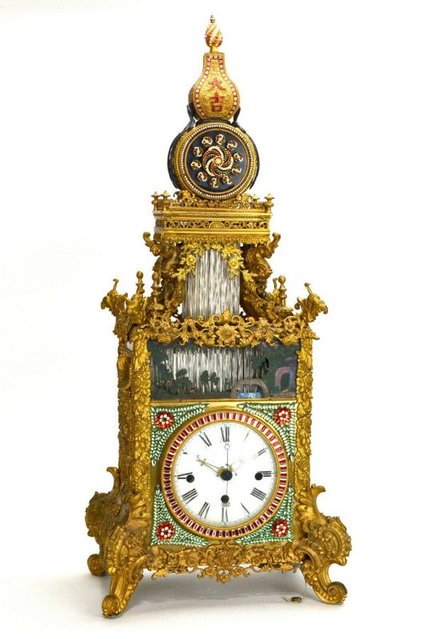 Rare Large Chinese Ormolu Bronze Paste Jeweled Automaton Musical Bracket Clock