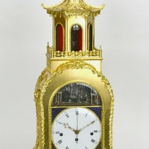 Rare Chinese DOUBLE-ACTION Automaton Musical Gilt Bronze Pavilion Bracket Clock