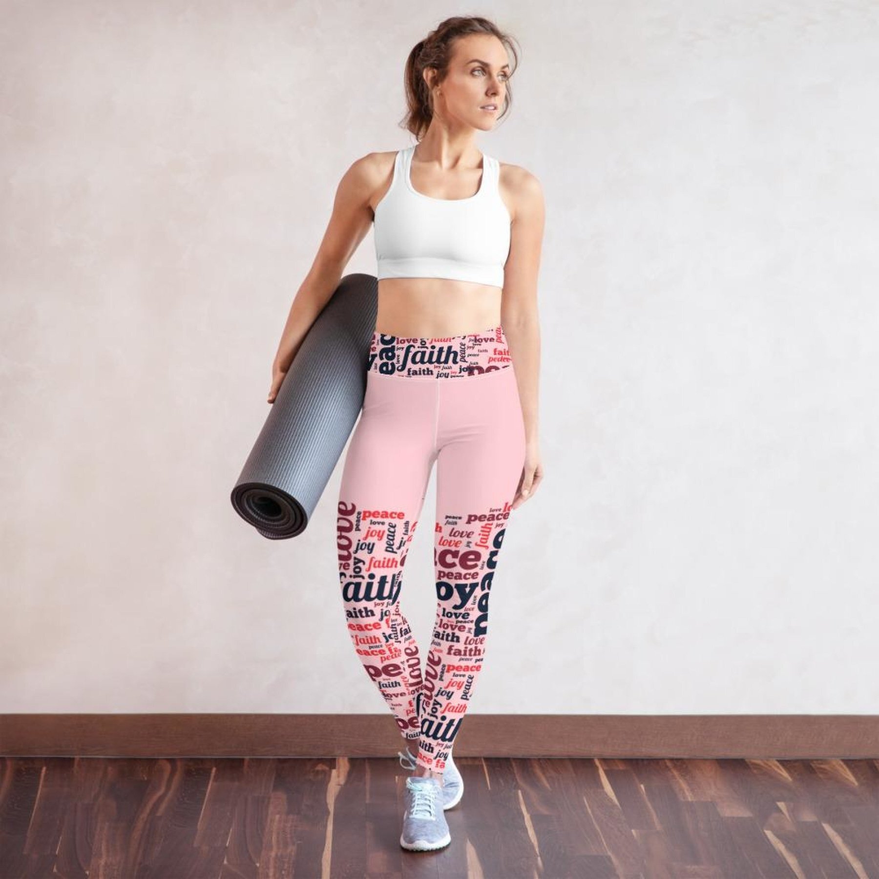 Womens Athletic Pants, Peace Love Joy Faith Graphic Style Pink Yoga Leggings  - Youarrived