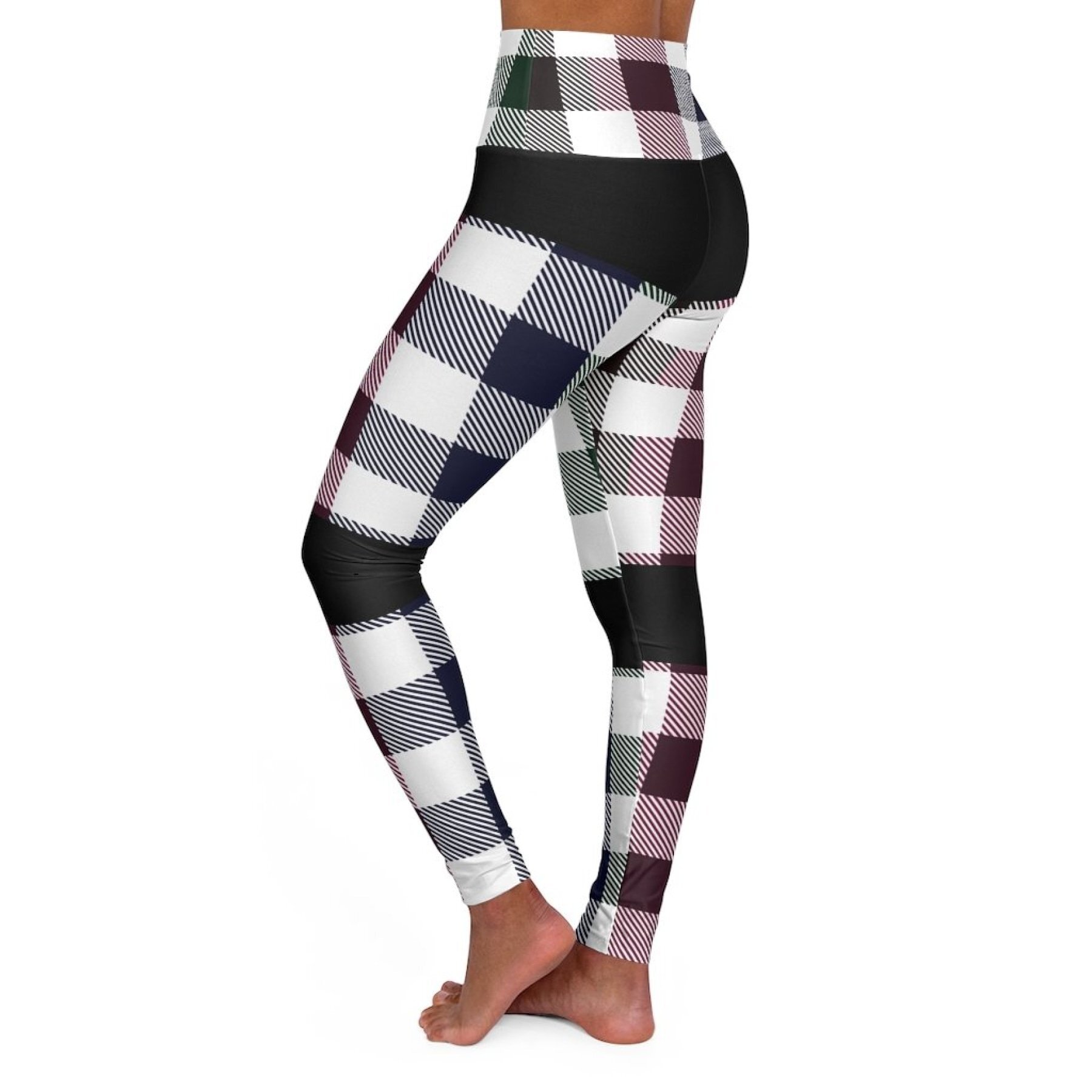 Women's Yoga Pants, White Multicolor Plaid Print High Waist Fitness Leggings  - Youarrived