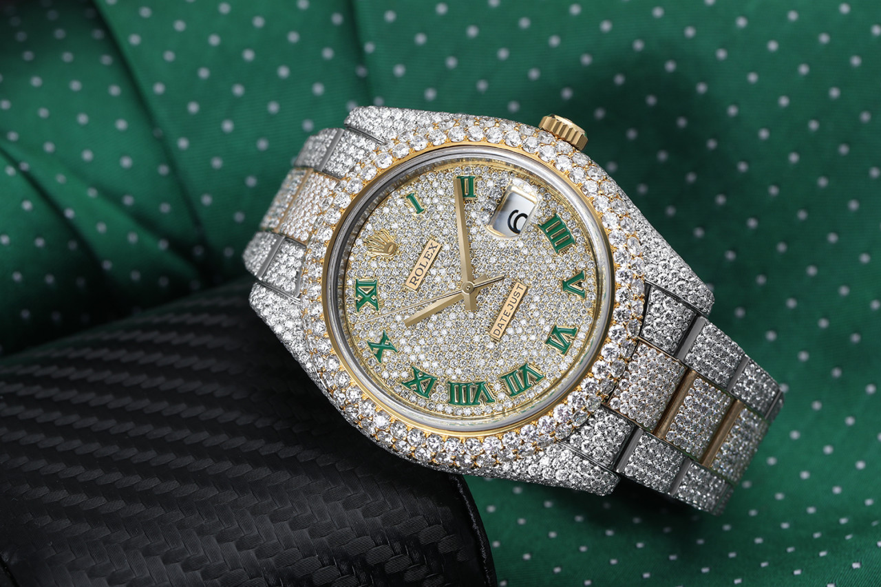 overrasket Læne guitar Rolex Datejust 41 Stainless Steel And 18k Yellow Gold Custom Fully Iced Out  Watch Green Roman Dial - Youarrived