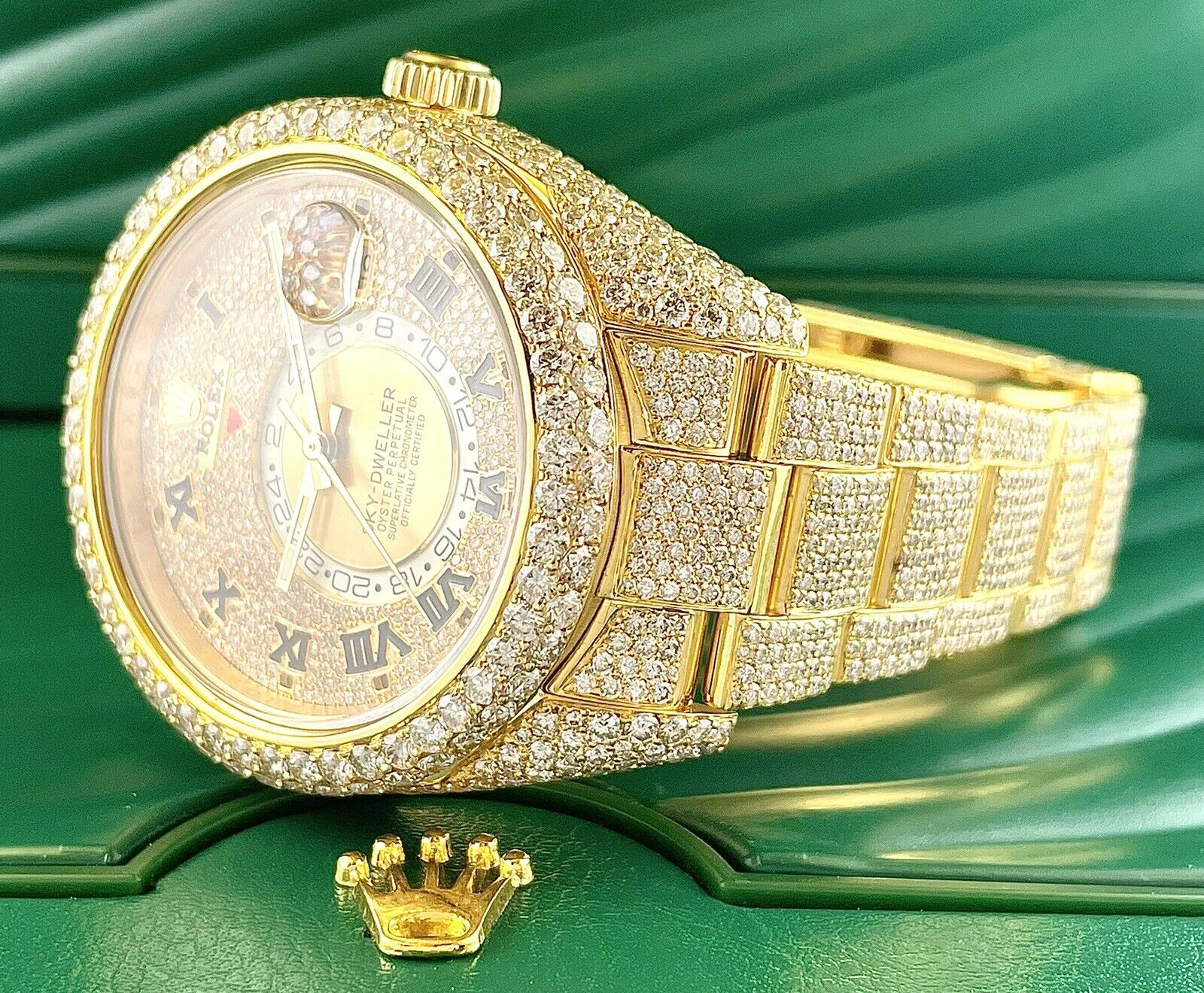 Rolex Sky-Dweller 42mm 18k Yellow Gold Iced Out 32ct Genuine Diamonds ...