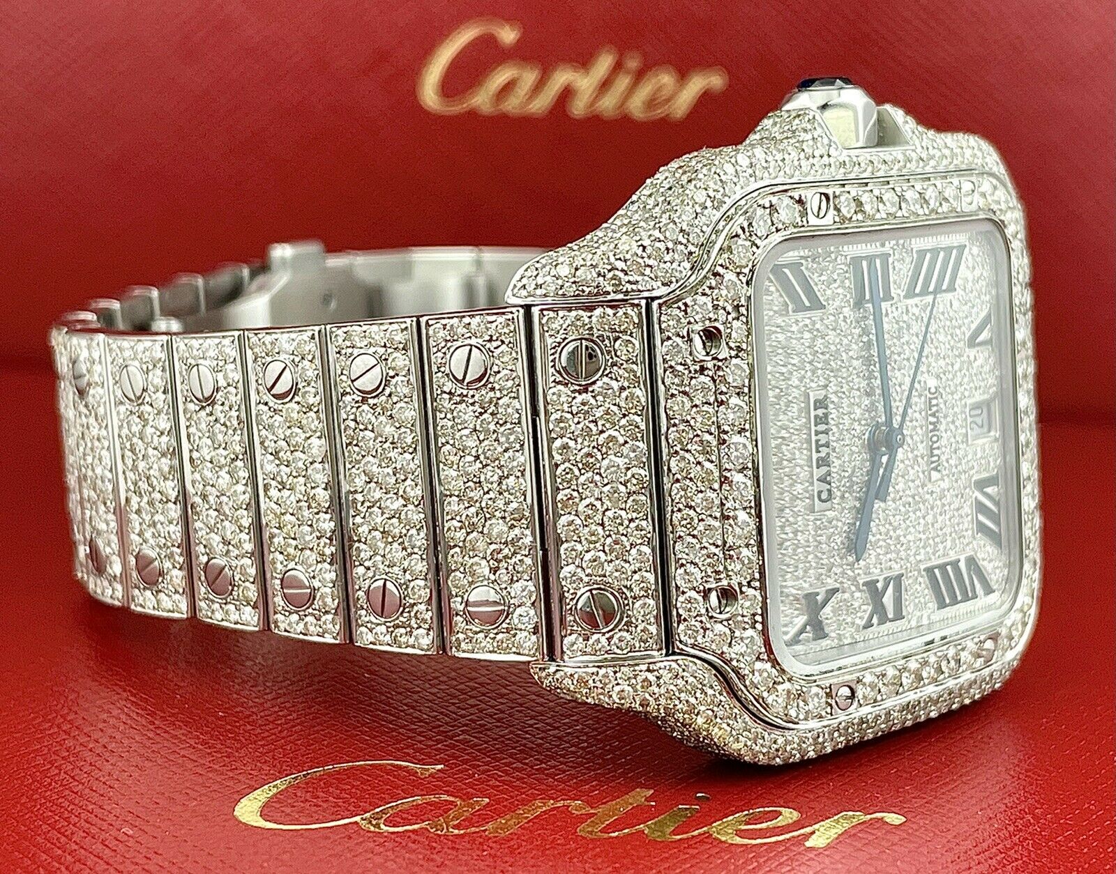 Cartier Santos Men's 40mm Large Model Steel Watch Roman Iced Out 20ct ...
