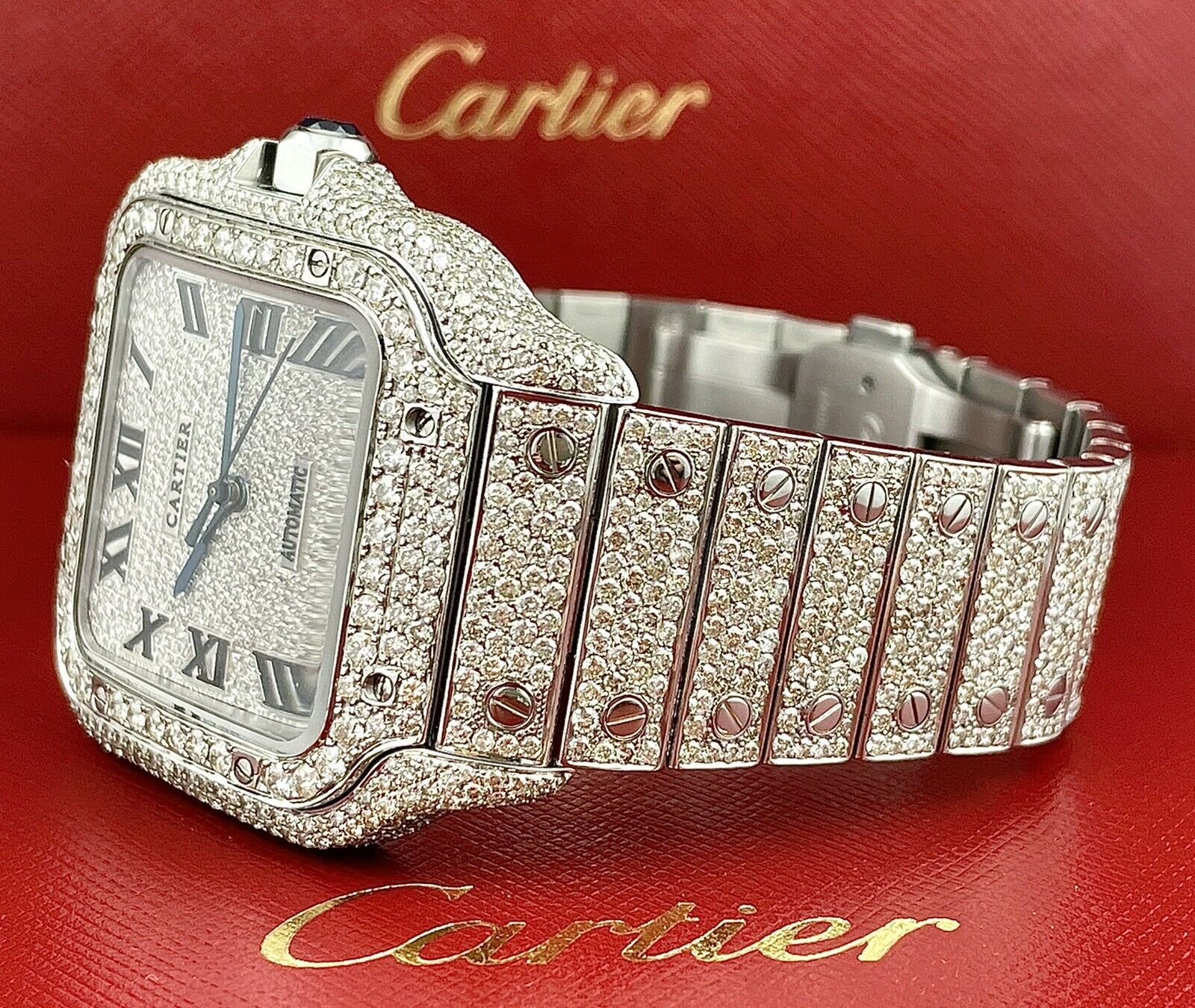 Cartier Santos Men's 40mm Large Model Steel Watch Roman Iced Out 20ct ...
