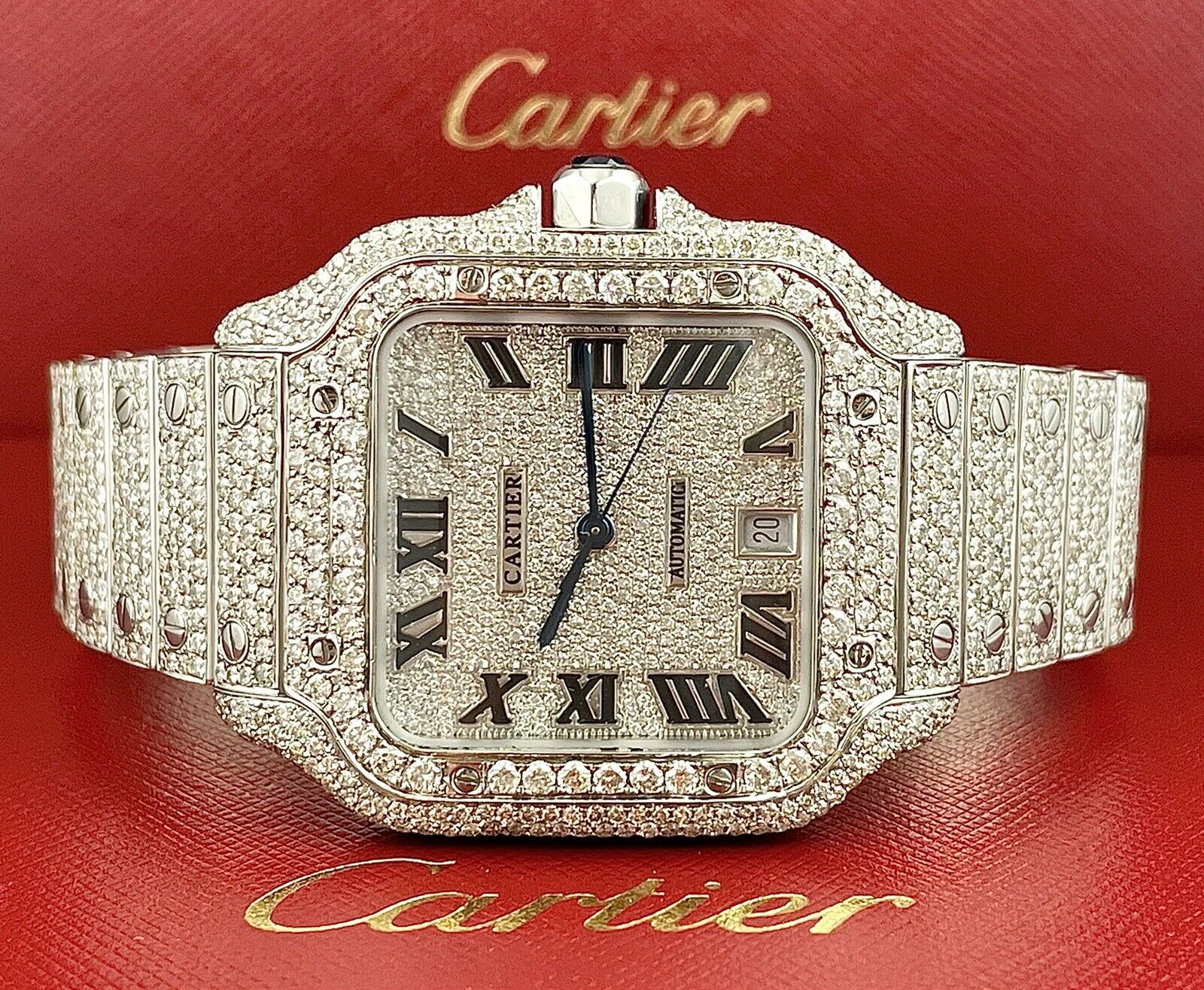 Cartier Santos Men's 40mm Large Model Steel Watch Roman Iced Out 20ct  Diamonds - Youarrived